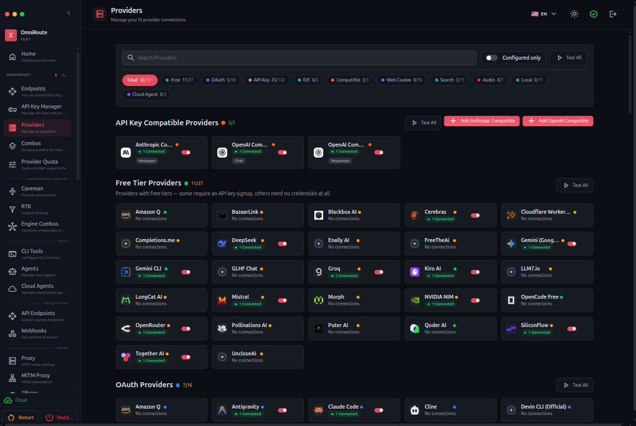 OmniRoute Dashboard 主界面