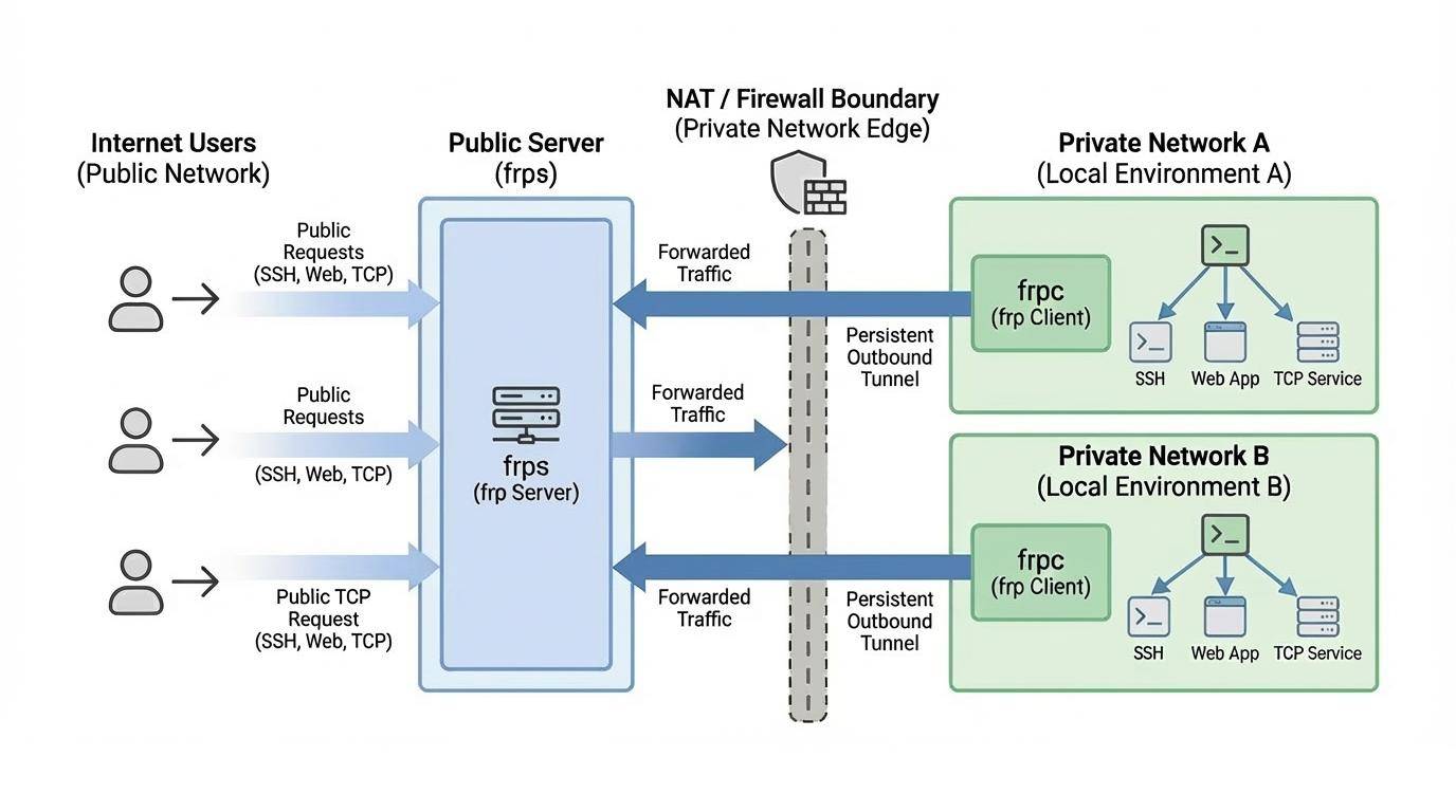 frp 架构图：frps 和 frpc 的通信关系