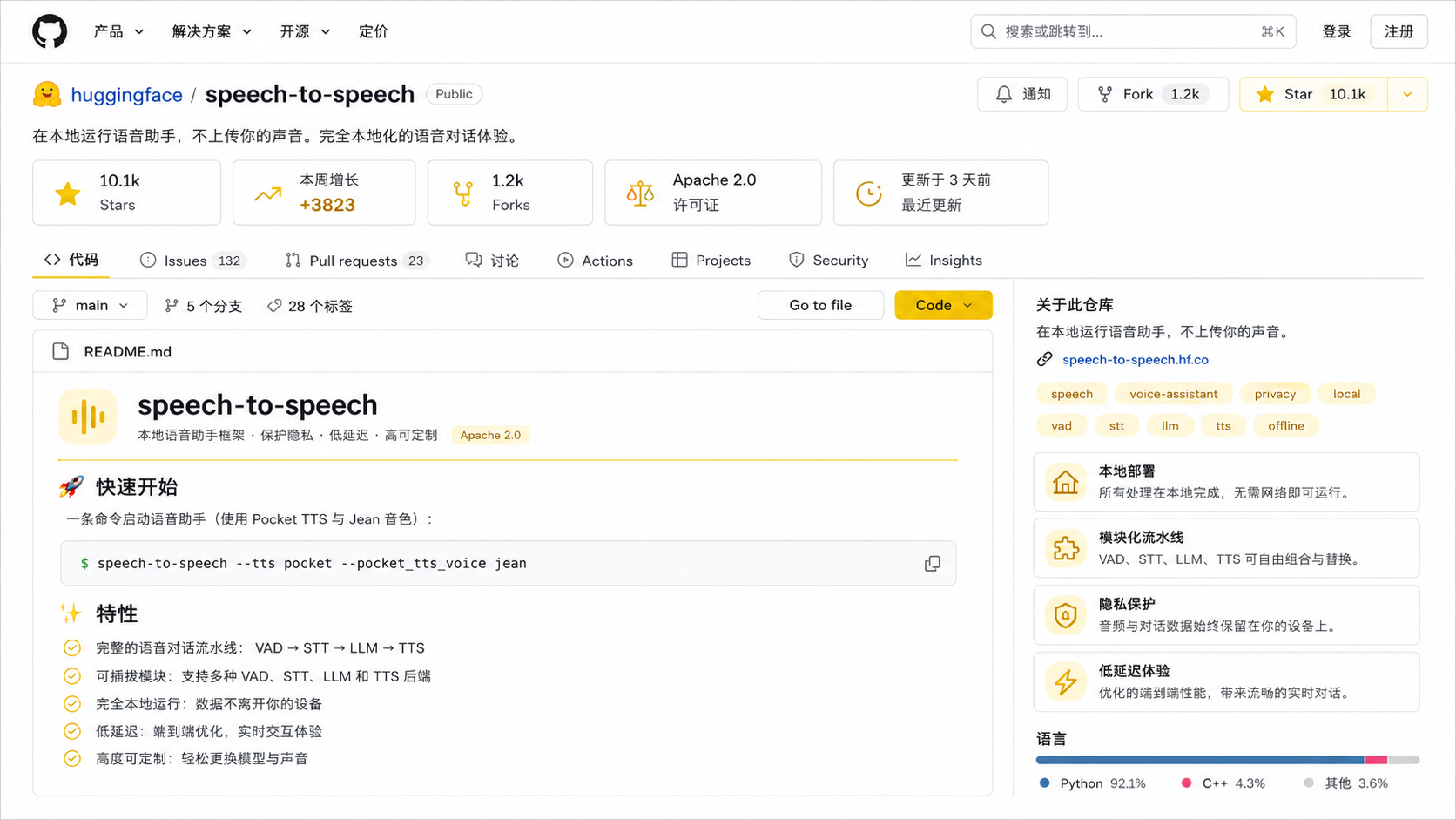 HuggingFace speech-to-speech GitHub README 截图