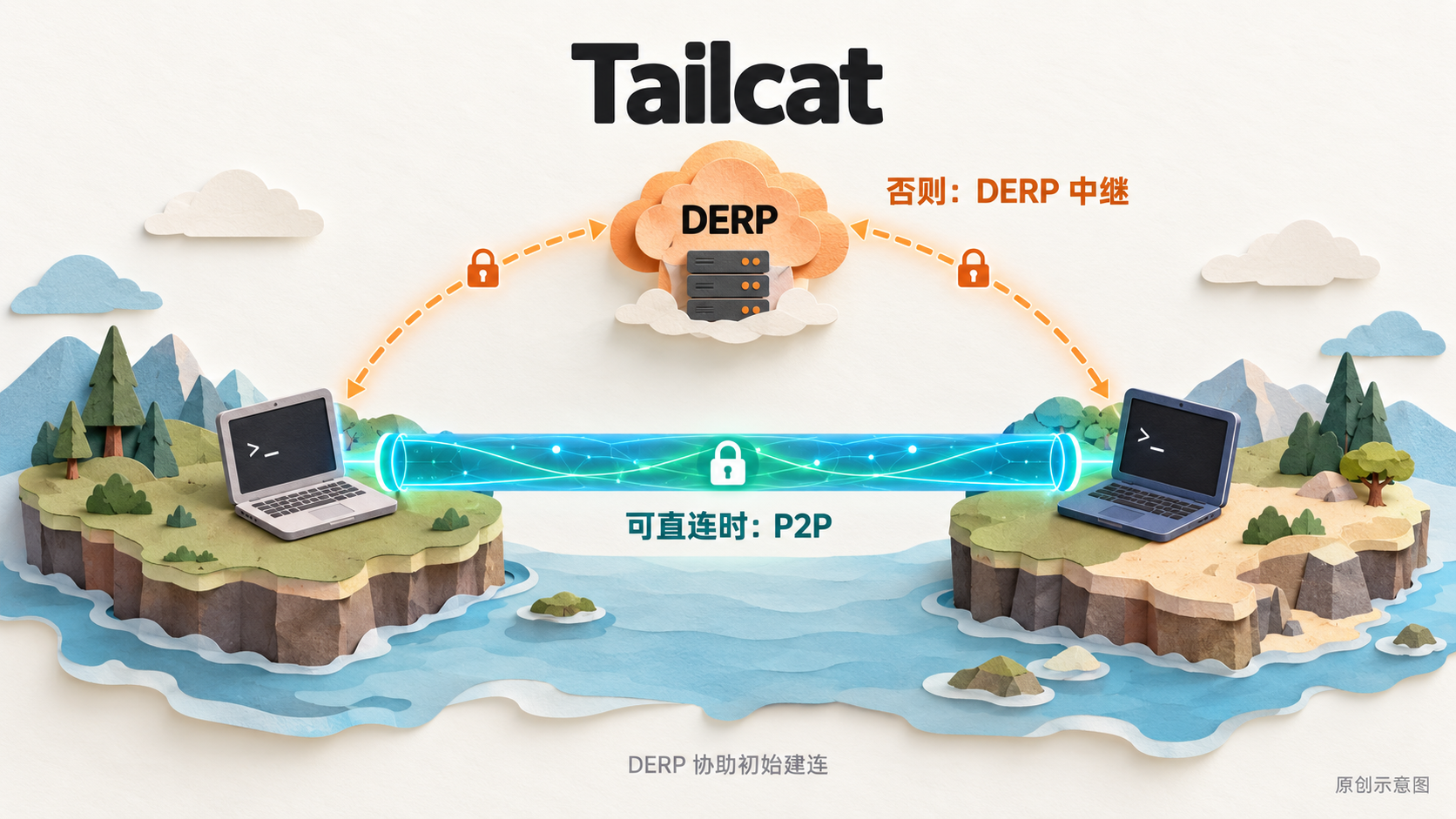 Tailcat 两端连接与 DERP 路径示意